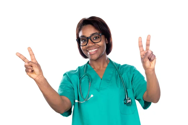 Médecin Avec Uniforme Vert Isolé Sur Fond Blanc — Photo