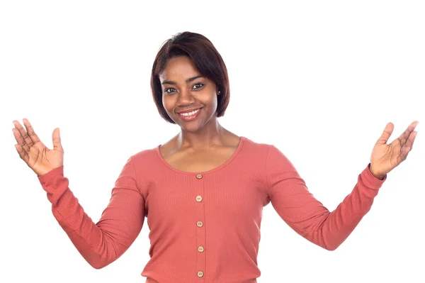 Adorable African Woman Pink Shirt Isolated White Background — Stock Photo, Image