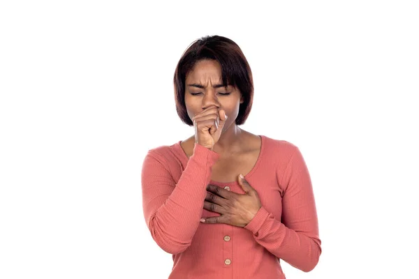 Adorable Mujer Africana Con Camiseta Rosa Aislada Sobre Fondo Blanco — Foto de Stock