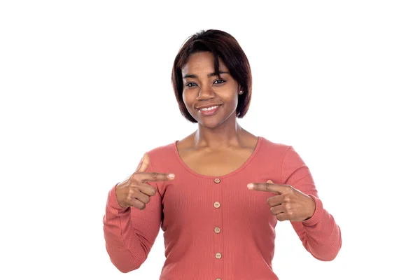 Adorable Mujer Africana Con Camiseta Rosa Aislada Sobre Fondo Blanco —  Fotos de Stock