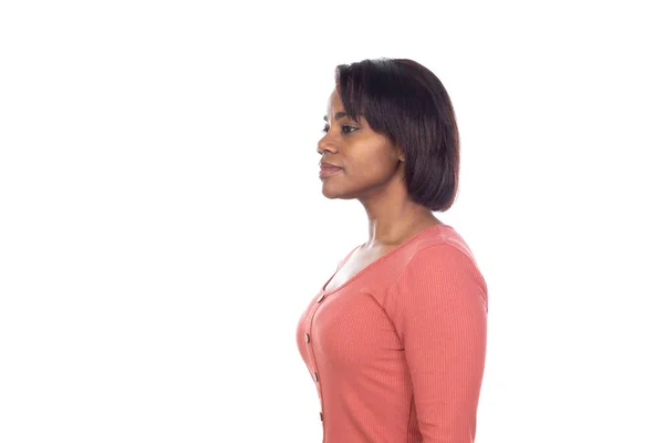 Adorable Mujer Africana Con Camiseta Rosa Aislada Sobre Fondo Blanco —  Fotos de Stock