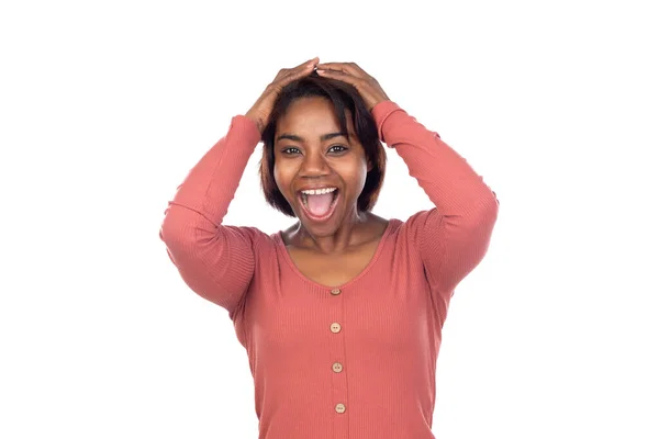 Adorable Mujer Africana Con Camiseta Rosa Aislada Sobre Fondo Blanco —  Fotos de Stock