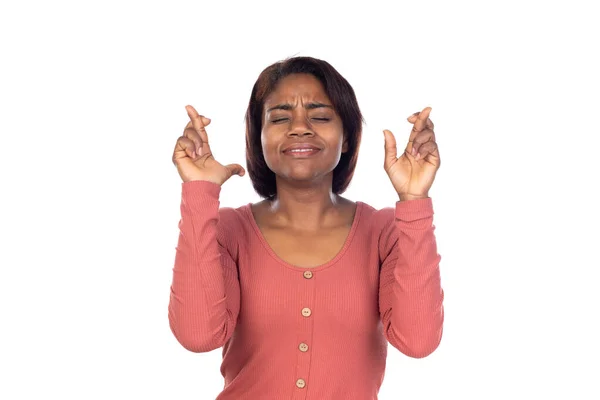 Adorable Mujer Africana Con Camiseta Rosa Aislada Sobre Fondo Blanco — Foto de Stock