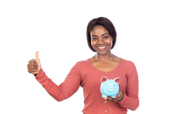 Adorable Mujer Africana Con Camiseta Rosa Aislada Sobre Fondo Blanco — Foto de Stock