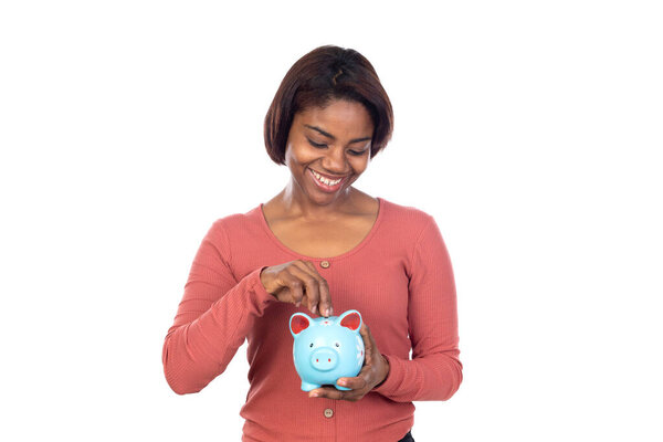 Adorable african woman with pink t-shirt isolated on a white background