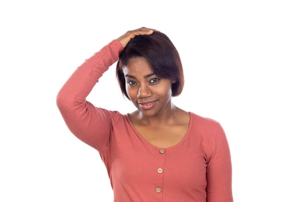 Adorable Femme Africaine Avec Shirt Rose Isolé Sur Fond Blanc — Photo