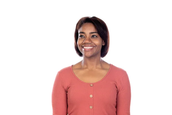 Adorable Mujer Africana Con Camiseta Rosa Aislada Sobre Fondo Blanco — Foto de Stock