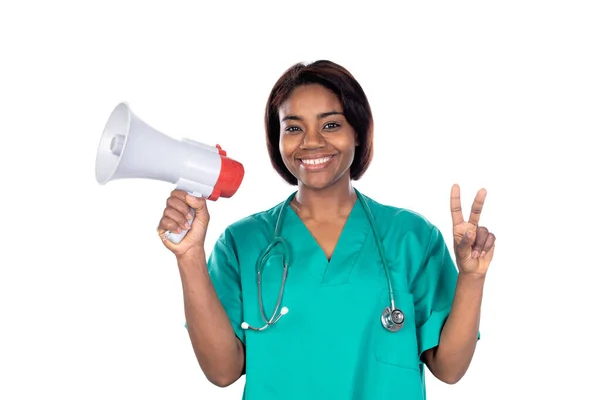 Arzt Mit Grüner Uniform Und Megafon Isoliert Auf Weißem Hintergrund — Stockfoto