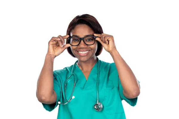 Médico Con Uniforme Verde Aislado Sobre Fondo Blanco — Foto de Stock