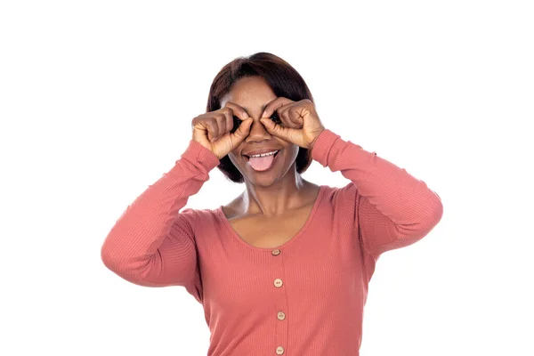 Entzückende Afrikanische Frau Mit Rosa Shirt Auf Weißem Hintergrund — Stockfoto