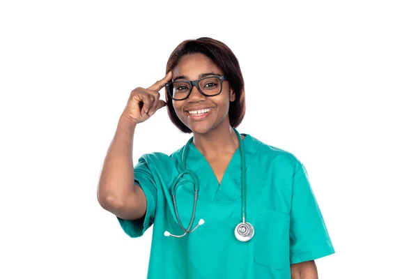 Pensive Lékař Zelenou Uniformou Izolované Bílém Pozadí — Stock fotografie