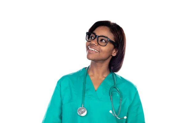 Pensive Arzt Mit Grüner Uniform Isoliert Auf Weißem Hintergrund — Stockfoto