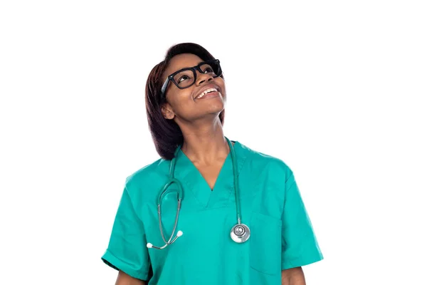 Pensive Arzt Mit Grüner Uniform Isoliert Auf Weißem Hintergrund — Stockfoto