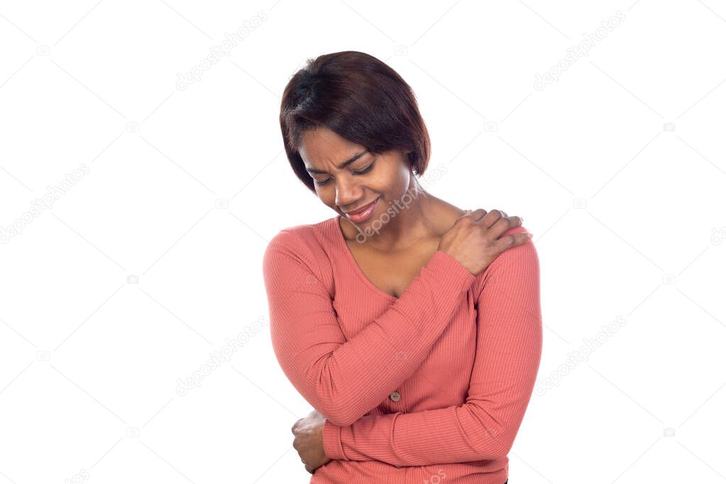 Adorable african woman with pink t-shirt isolated on a white background