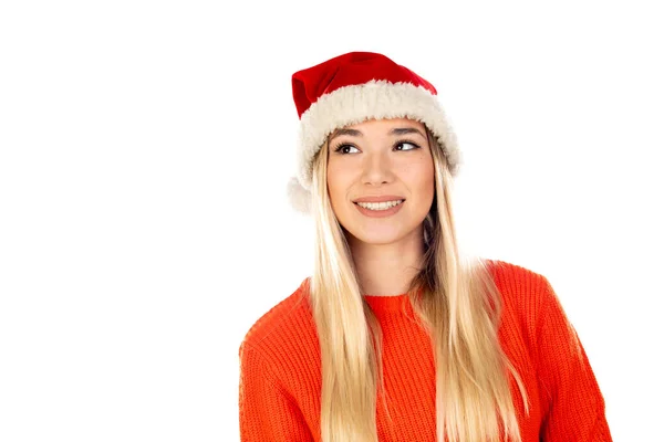 白い背景に隔離されたクリスマスの帽子を持つ若い女性 — ストック写真