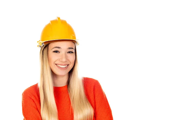 Attractive Blonde Woman Yellow Helmet Isolated White Background — Stock Photo, Image