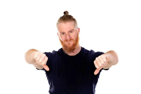 Homem Cabelos Vermelhos Com Barba Comprida Dizendo Não Isolado Fundo — Fotografia de Stock