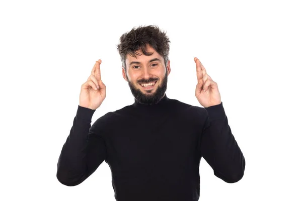 Jovem Preto Cruzando Dedos Isolado Fundo Branco — Fotografia de Stock