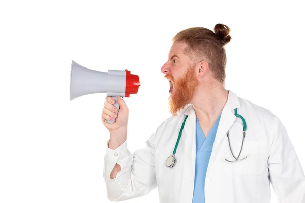 Redhead Doctor Megaphone Isolated White Background — Stock Photo, Image