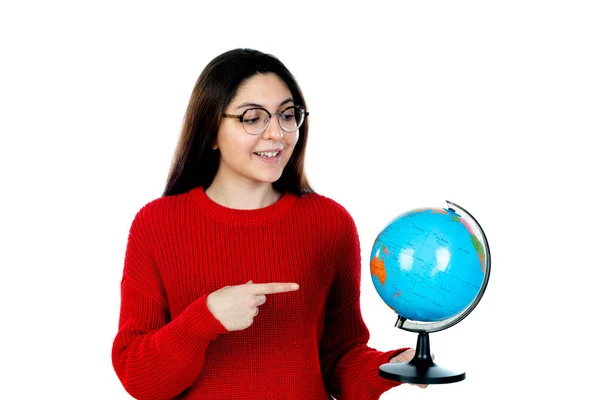 Brunette Fille Avec Des Lunettes Isolées Sur Fond Blanc — Photo