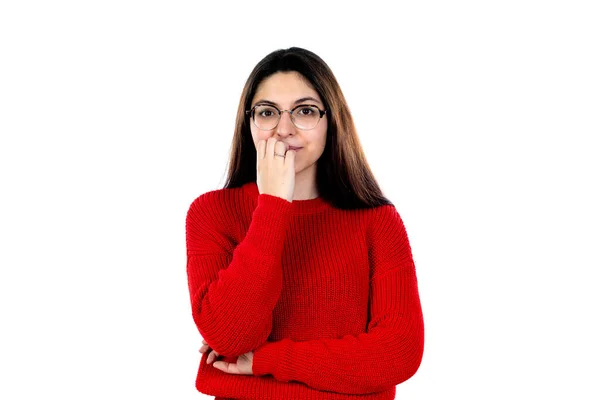 Brunette Fille Avec Des Lunettes Isolées Sur Fond Blanc — Photo