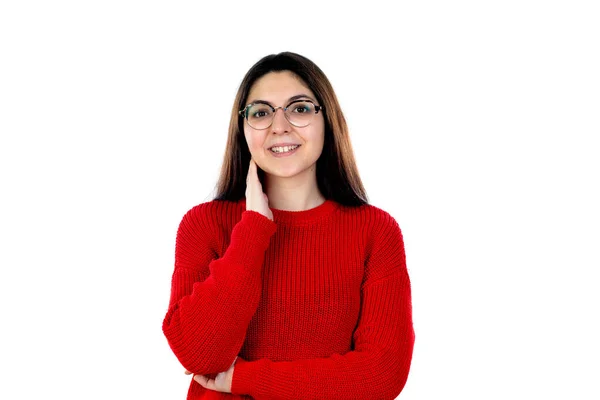 Brunette Fille Avec Des Lunettes Isolées Sur Fond Blanc — Photo