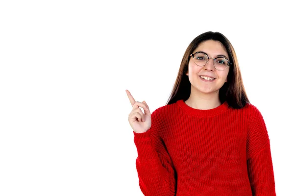 Brunette Fille Avec Des Lunettes Isolées Sur Fond Blanc — Photo