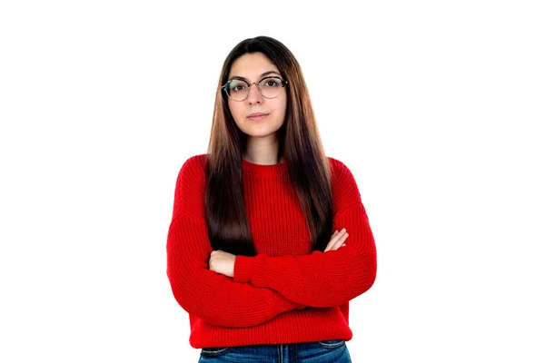 Menina Morena Com Óculos Isolados Fundo Branco — Fotografia de Stock