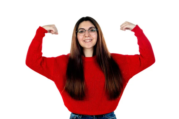 Bruna Ragazza Con Gli Occhiali Isolati Uno Sfondo Bianco — Foto Stock