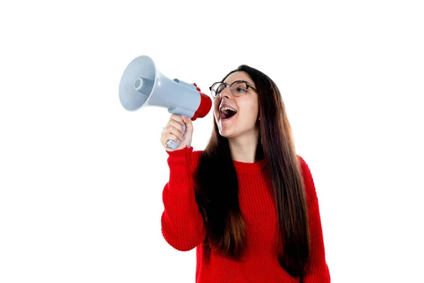 Brünette Mädchen Mit Brille Isoliert Auf Weißem Hintergrund — Stockfoto