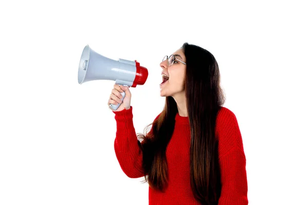 Brunette Meisje Met Bril Geïsoleerd Een Witte Achtergrond — Stockfoto