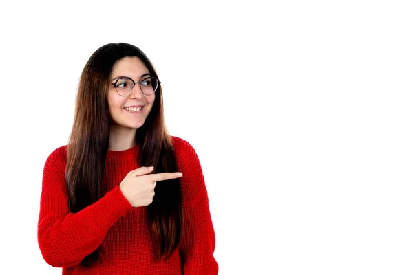 Menina Morena Com Óculos Isolados Fundo Branco — Fotografia de Stock