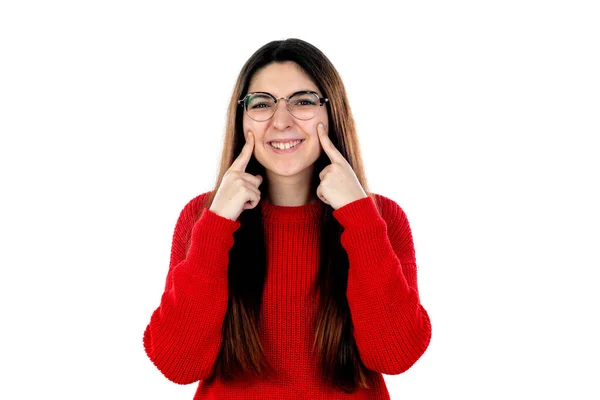 Brunett Flicka Med Glasögon Isolerad Vit Bakgrund — Stockfoto