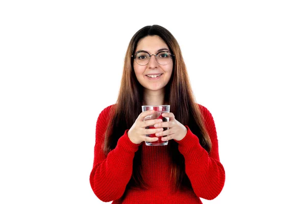 Menina Morena Com Óculos Isolados Fundo Branco — Fotografia de Stock