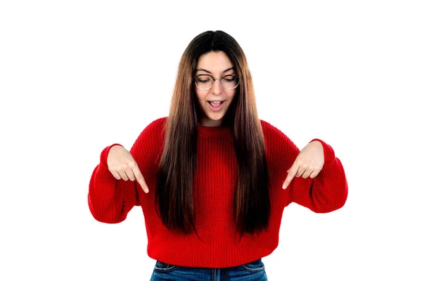 Brunette Meisje Met Bril Geïsoleerd Een Witte Achtergrond — Stockfoto