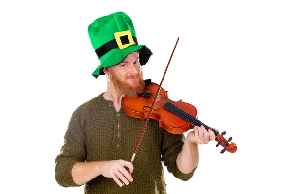 Red Head Man Green Hat Playing Violin Isolated White Background Stock Photo