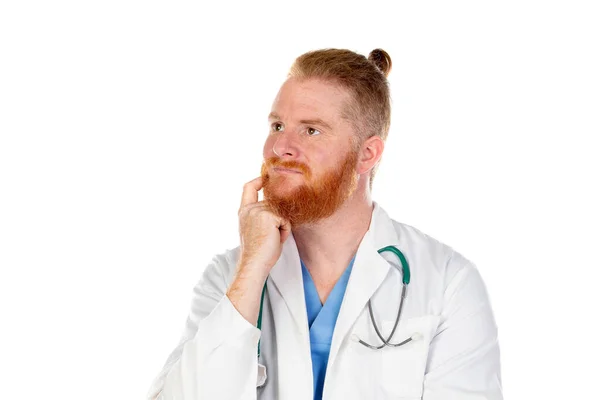 Pensive Redhead Doctor Isolated White Background — Stock Photo, Image