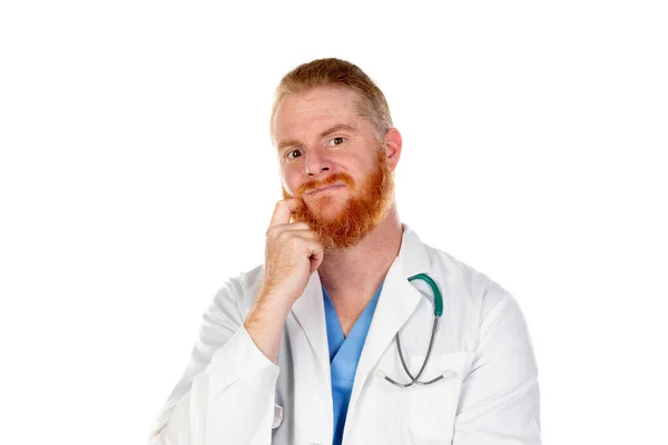 Pensive Redhead Doctor Isolated White Background — Stock Photo, Image