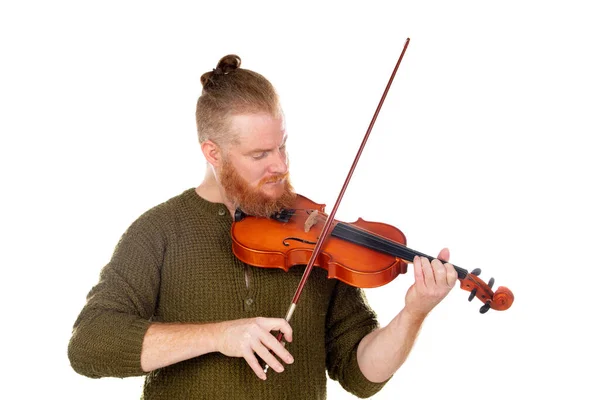 Rödhårig Violinist Spelar Fiol Isolerad Vit Bakgrund — Stockfoto