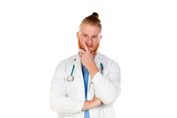 Pensive Redhead Doctor Isolated White Background — Stock Photo, Image