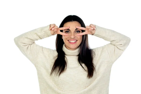 Aantrekkelijke Brunette Vrouw Geïsoleerd Een Witte Achtergrond — Stockfoto