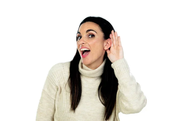 Attractive Brunette Woman Listening Something Isolated White Background — Stock Photo, Image