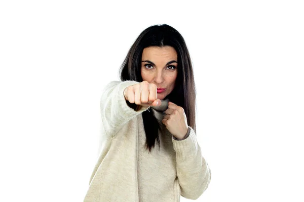 Belle Femme Brune Isolée Sur Fond Blanc — Photo