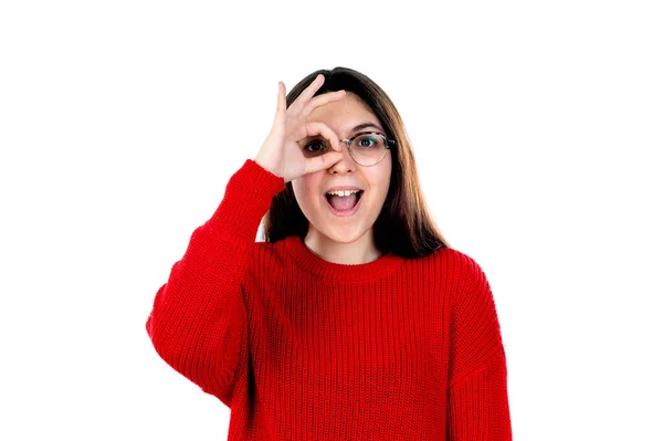Menina Morena Com Óculos Isolados Fundo Branco — Fotografia de Stock