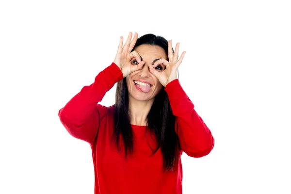 Aantrekkelijke Brunette Vrouw Geïsoleerd Een Witte Achtergrond — Stockfoto