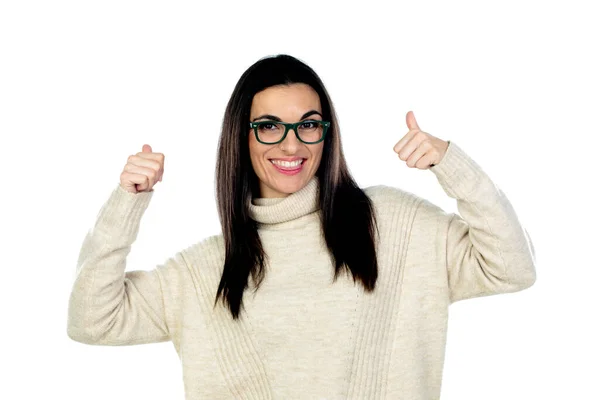 Jolie Femme Brune Avec Des Lunettes Isolées Sur Fond Blanc — Photo