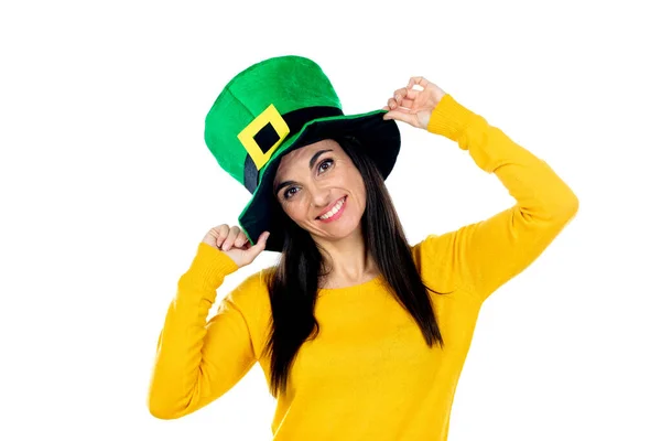 Brunette Vrouw Met Saint Patrick Day Hat Geïsoleerd Een Witte — Stockfoto