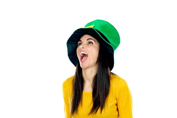 Brunette Vrouw Met Saint Patrick Day Hat Geïsoleerd Een Witte — Stockfoto