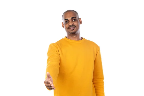 Afroamerican Guy Wearing Yellow Jersey Isolated White Background — Stock Photo, Image