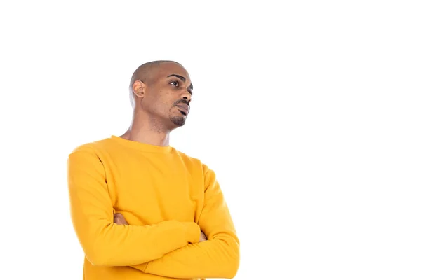 Afroamerican Cara Vestindo Uma Camisa Amarela Isolado Fundo Branco — Fotografia de Stock